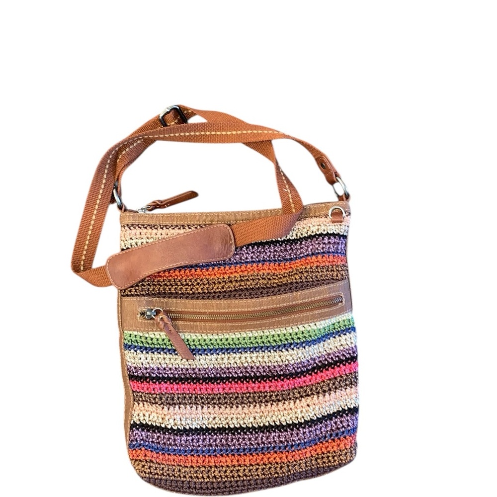 The Sak Lucia Crochet Striped Woven coastal Crossbody Bag Brown Leather Festival
